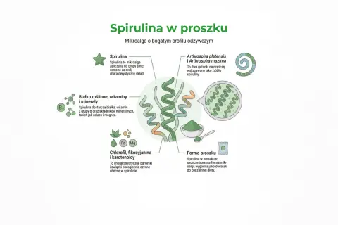 Ilustracja przedstawia spirulinę w proszku, jej składniki odżywcze i formę podania.