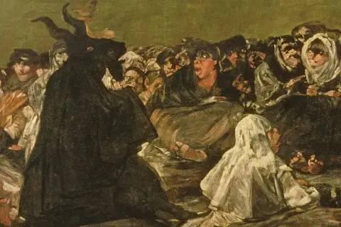 Goyas schwarze Bilder: Ein schwarzer Teufel mit Hörnern thront über einer Gruppe verängstigter Menschen.