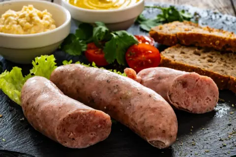 Surowa biała kiełbasa z dodatkami: chlebem, musztardą, chrzanem i pomidorami.