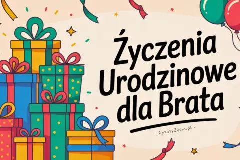 Kolorowe prezenty, balony i konfetti tworzą radosną atmosferę. Idealne życzenia urodzinowe dla brata, pełne radości i miłości.
