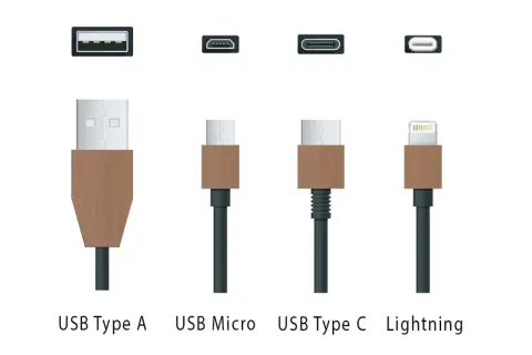 Différents types de câble téléphone portable : USB A, USB Micro, USB Type C et Lightning.