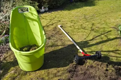 Zielony wózek na odpady ogrodowe i aerator do trawnika, gotowe do pracy. Siarczan żelaza na mech pomoże w pielęgnacji trawnika.