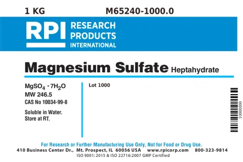 Etykieta produktu RPI: siarczan magnezu siedmiowodny, 1 kg. Formuła MgSO4·7H2O, numer CAS 10034-99-8.