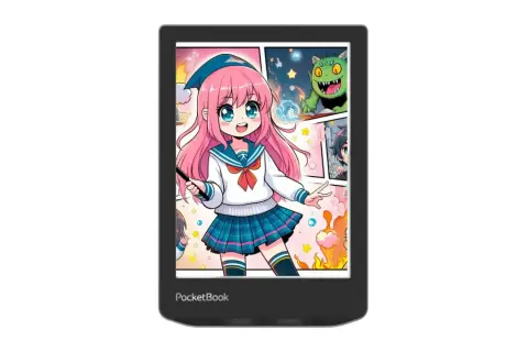 Liseuse PocketBook affichant une illustration manga d'une jeune fille aux cheveux roses et d'un monstre vert.