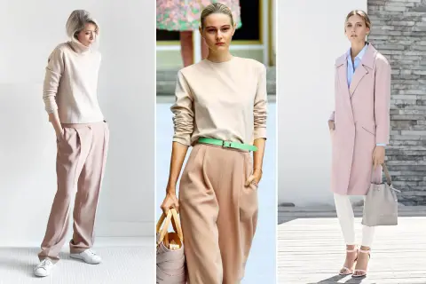 Modelli con abiti color crema e abbinamenti eleganti: pantaloni fluidi, cappotto rosa cipria e accessori chic.
