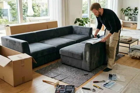 Man monterar en grå soffa med skruvdragare och instruktioner. Det ser ut som ett projekt för att byta stoppning soffa.