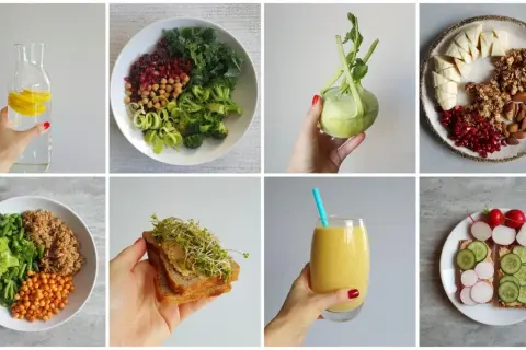 Zdrowe posiłki wspierające płaski brzuch: woda z cytryną, sałatka, kalarepa, musli z owocami, ryż z warzywami, kanapki, smoothie, przekąski.