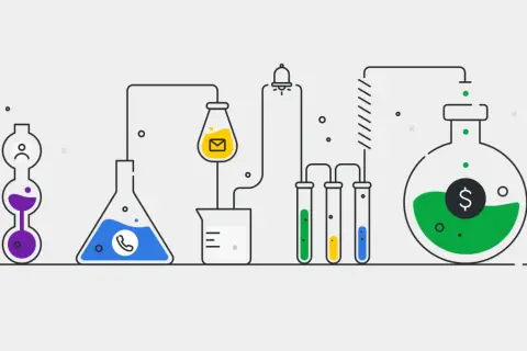 Proceso de cómo hacer una cotización: un experimento científico con tubos de ensayo, matraces y un símbolo de dólar, que representa la creación de valor.