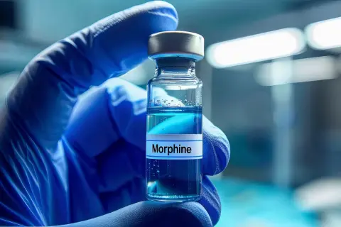 Rękawiczka w niebieskiej rękawicy trzyma fiolkę z płynem. Etykieta głosi "Morphine". Co to jest morfina? Lek przeciwbólowy.