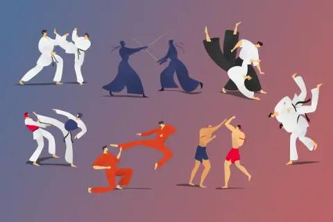 Illustration av olika kampsporter, inklusive japansk brottning. Människor i rörelse, vissa med vapen, andra i närstrid.