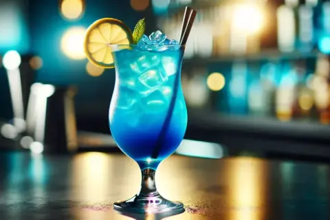 Orzeźwiający blue lagoon drink z lodem, plasterkiem cytryny i miętą, podany w eleganckim kieliszku na tle rozmytego baru.