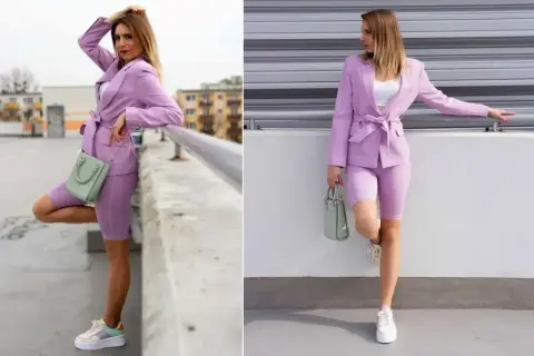 Stylizacja w odcieniach fioletu: liliowy garnitur, miętowa torebka i kolorowe sneakersy. Jaki kolor do fioletu? Miętowy!