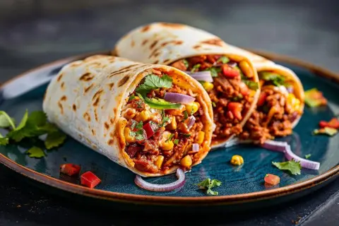 Pyszna tortilla z grilla, pełna mięsa, kukurydzy, fasoli i świeżych warzyw, podana na talerzu.