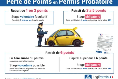 Perte de points permis probatoire : 1-2 points, stage volontaire. 3-5 points, stage obligatoire sous 4 mois. 6 points, stage obligatoire sous 4 mois.