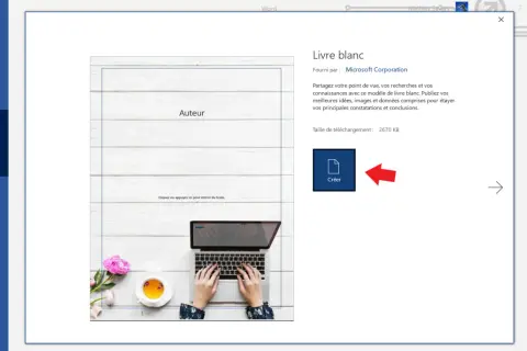 Interface Word pour créer un ebook. Un modèle de "Livre blanc" est sélectionné, prêt à être personnalisé.