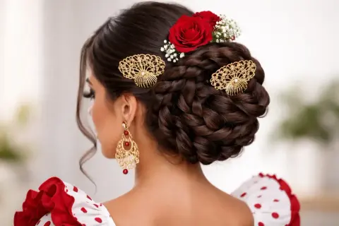 Peinado flamenca con moño trenzado, rosas rojas y peinetas doradas.