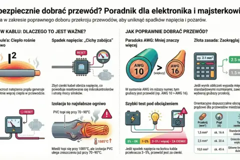 Przewody zasilające, ich przekroje i obciążenia prądowe. Wykresy pokazują prawo Joule'a, spadek napięcia, paradoks AWG i test obciążenia. Dławiki nie są widoczne.