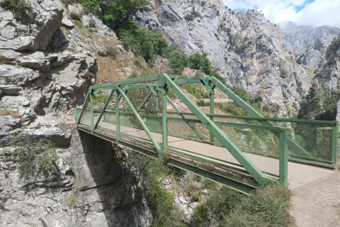 Puente Dobra, una estructura verde metálica cruza un desfiladero rocoso con vegetación.