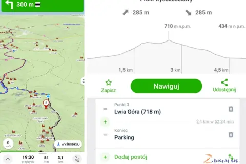 Trasa w górach rudawskich: mapa, profil wysokościowy i nawigacja. Cel: Lwia Góra (718 m).