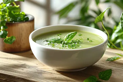 Eine Schüssel cremiger grüner Suppe, garniert mit frischen Kräutern. Perfekt für Sauerampfer Rezepte.
