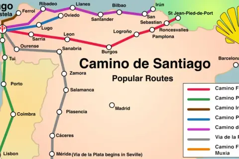Mapa szlaków Camino de Santiago. Fioletowa linia oznacza Camino del Norte, prowadzącą przez Santander i Bilbao do Santiago.