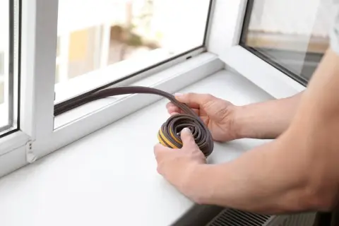 Hände halten eine Rolle Dichtungsband bereit, um Fensterdichtungen zu erneuern und Zugluft zu stoppen.