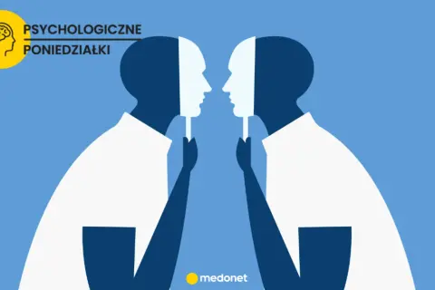 Dwie postacie trzymają maski, odsłaniając swoje prawdziwe twarze. Ilustracja symbolizuje, czego boi się socjopata – ujawnienia swojej prawdziwej natury.