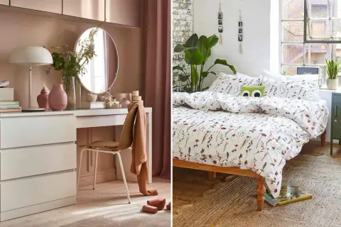 Ambiance douce pour une **rénovation chambre** : coiffeuse rose poudré et lit fleuri avec coussin rigolo.