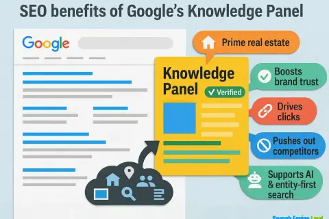 Google Knowledge Panel benefits: prime real estate, boosts brand trust, drives clicks, pushes out competitors, and supports AI search.