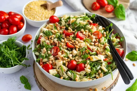 Leckerer Nudelsalat mit Kirschtomaten, Rucola und Pinienkernen – eine Inspiration für frische salat rezepte.