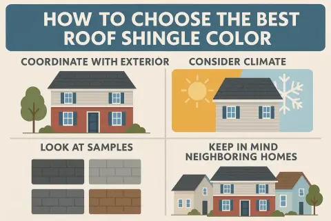 Choosing the best roof shingle color involves coordinating with your home's exterior, considering climate, looking at samples, and keeping in mind neighboring homes.