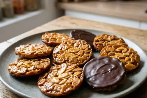 Assiette de florentins aux amandes, certains recouverts de chocolat noir. Une délicieuse recette à essayer !