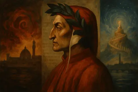 Portret Dantego Alighieri w wieńcu laurowym, z płonącą Florencją po lewej i rajską drabiną po prawej.
