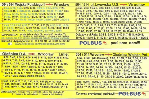 Rozkład jazdy PKS 504 Oleśnica Wrocław. Kursy w dni robocze i wolne.