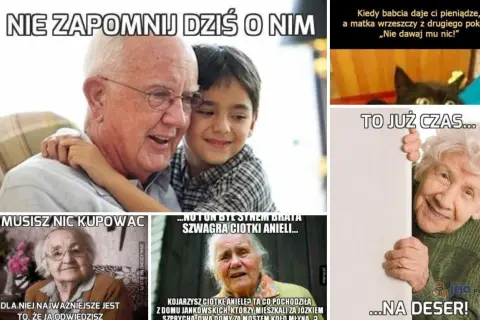 Kawały o babci i dziadku: uśmiechnięty dziadek z wnukiem, babcia z kotem, babcia z kwiatami, starsza pani z tabliczką i uśmiechnięta staruszka.