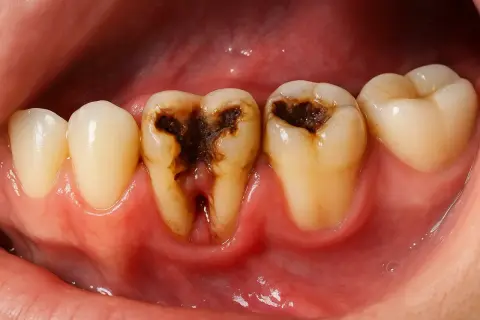 Dientes con caries severas, oscuras y cavidades profundas. Se observan encías inflamadas.