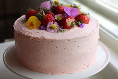 Enkel babyshower tårta med rosa frosting, toppad med färska jordgubbar och vilda blommor. Perfekt för att fira en ny liten ankomst.