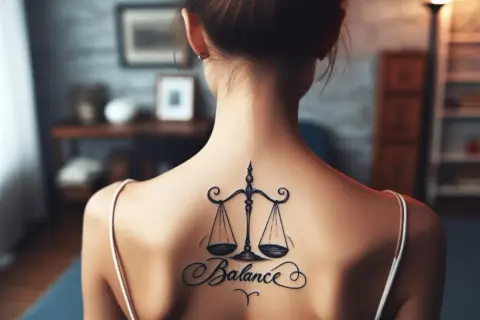 Tatuajes de balanza y equilibrio en la espalda de una mujer, simbolizando la armonía.