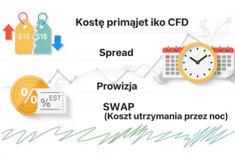 Koszty CFD: spread, prowizja, swap (koszt utrzymania przez noc). Wykresy i ikony symbolizują handel.