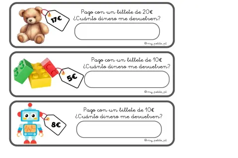 Problemas euros primaria para imprimir: oso (17€), bloques (5€), robot (8€). Calcula el cambio con billetes de 10€ o 20€.