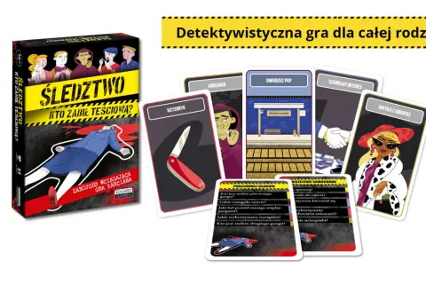 Gra "Śledztwo: Kto zabił teściową?" z kartami postaci, miejsc i narzędzi zbrodni. Rozwikłaj zagadkę morderstwa!