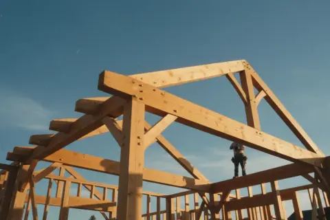 Budowa domu z drewna, gdzie widoczna jest adaptacja projektu gotowego. Drewniana konstrukcja szkieletowa na tle błękitnego nieba.