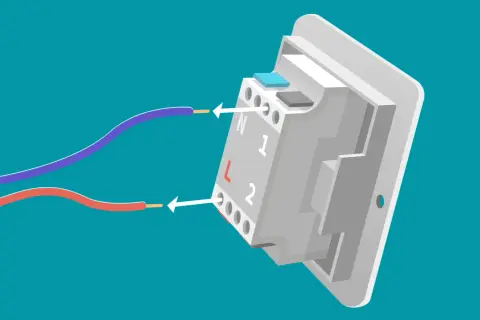 Anleitung zum Gira Lichtschalter ausbauen: Kabel (blau/violett und rot) werden in Klemmen (N, 1, L, 2) gesteckt.