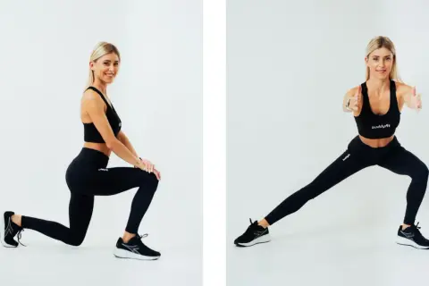 Donna in abiti sportivi neri esegue esercizi per le ginocchia infiammate: affondo e affondo laterale.