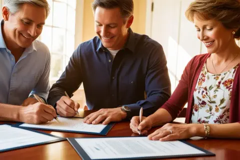Pareja sonriente firma documentos, quizás para una hipoteca inversa La Caixa, asegurando su futuro financiero.