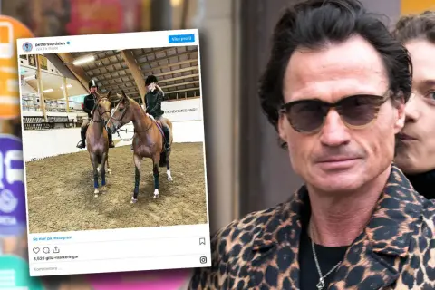 Petter Stordalen med sin fru rider hästar i ett stall.