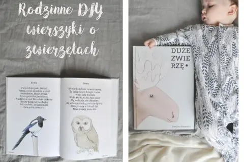 Dziecko śpi obok książki z wierszykami o zwierzętach. Na otwartej stronie sroka i sowa, a na okładce duży łoś. Idealna lektura na dobranoc.
