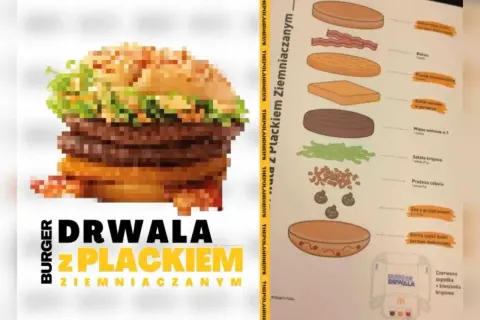 Burger Drwala z Plackiem Ziemniaczanym, z podwójnym mięsem, bekonem i chrupiącą cebulką.