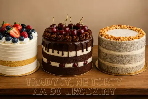 Trzy torty na drewnianym blacie. Po lewej biały tort z owocami, w środku czekoladowy drip cake z wiśniami, po prawej tort z orzechami.