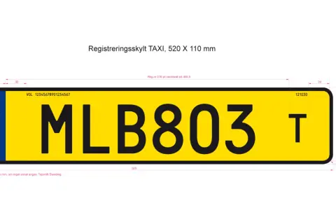 Gul registreringsskylt för taxi med texten MLB803 T. EU-märke med S till vänster.